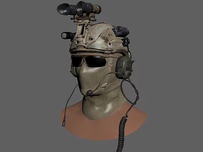 Tactical Helmet with Camouflage Design Mounted Binoculars Headphones and Microphone and Sunglasses for Military Use 3d model