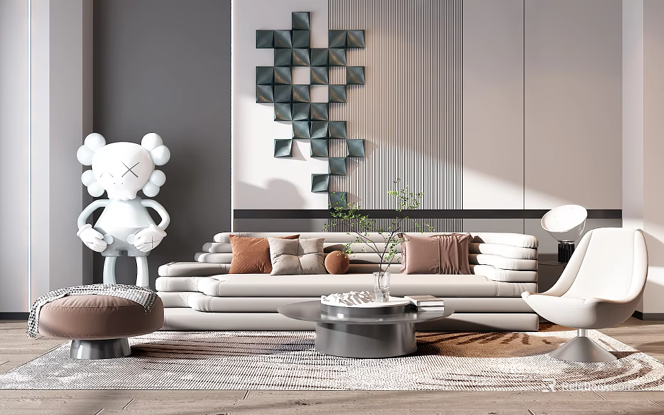 Modern Sofa and Coffee Table Set with White Sculpture Geometric Wall Decor and Throw Pillows 3d model 