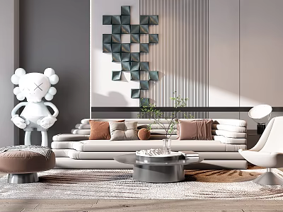 Modern Sofa and Coffee Table Set with White Sculpture Geometric Wall Decor and Throw Pillows 3d model