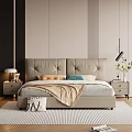 Modern Bedroom Interior With Leather Headboard Double Bed Pillows Throw Blanket And Blinds