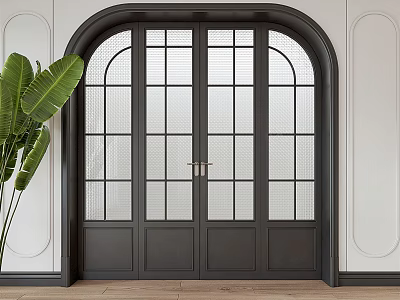 Black Double Doors With Glass Panes Arched Frame Green Plant White Walls Wooden Floor 3d model