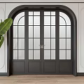 Black Double Doors With Glass Panes Arched Frame Green Plant White Walls Wooden Floor