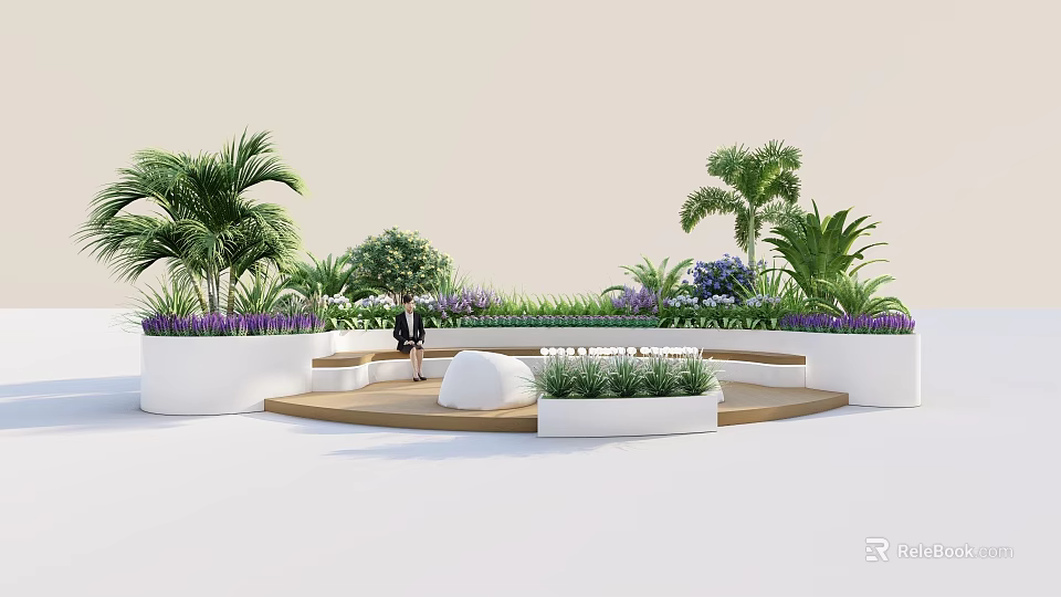 Modern Landscape Seating In Garden With Palm Trees Purple Flowers And White Planters 3d model 