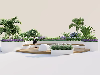 Modern Landscape Seating In Garden With Palm Trees Purple Flowers And White Planters 3d model