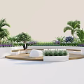 Modern Landscape Seating In Garden With Palm Trees Purple Flowers And White Planters