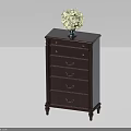 Dark Wooden Chest of Drawers with Legs Multiple Drawer Handles and Vase of White Flowers