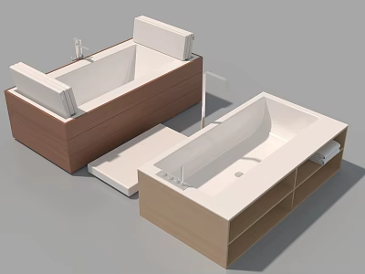 Two White Bathtubs With Wooden Base In Modern Bathroom Interior Design 3d model