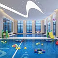 Indoor Swimming Pool with Colorful Floats Slide and Large Windows Design