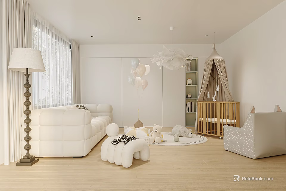 Bright Kids Room With White Sofa Stuffed Toys Teepee Tent Bookshelf Balloons And Wooden Floor 3d model 