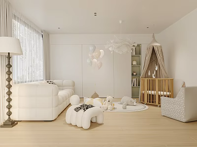 Bright Kids Room With White Sofa Stuffed Toys Teepee Tent Bookshelf Balloons And Wooden Floor 3d model