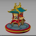 Traditional Chinese Decorative Vendor Cart With Green Roof Golden Ornaments Red Body And Circular Base