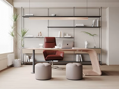 Modern Home Office Desk With Red Chair Laptop Bookshelf And Plants 3d model