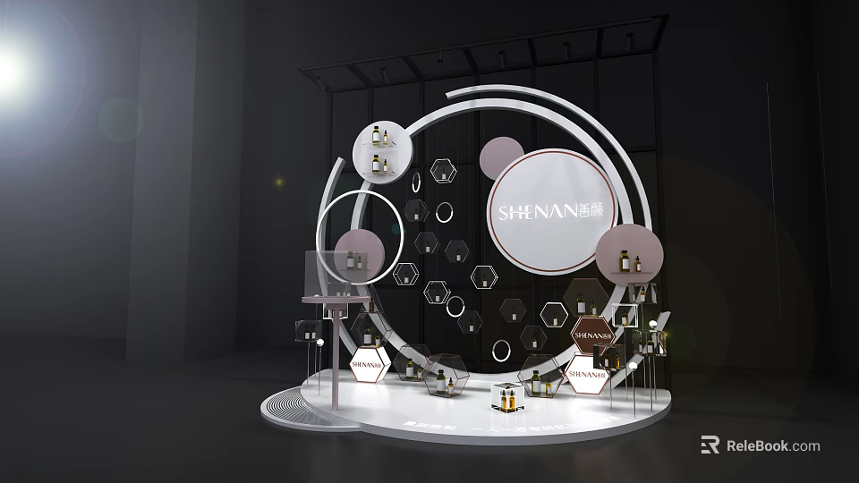 Shinner Interactive Zone With Circular Exhibition Booth Product Display Hexagonal Decorations And Lighting 3d model 