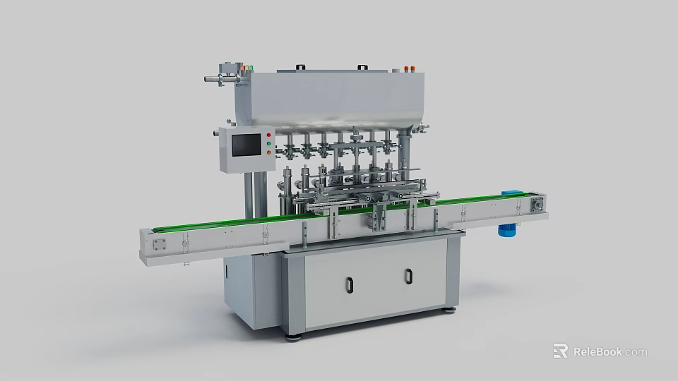 Automatic Industrial Filling Machine With Multiple Nozzles Conveyor Belt And Control Panel 3d model 