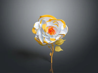 3D Decorative Flower Featuring White Yellow Petals Orange Center Green Leaves and Golden Stem 3d model