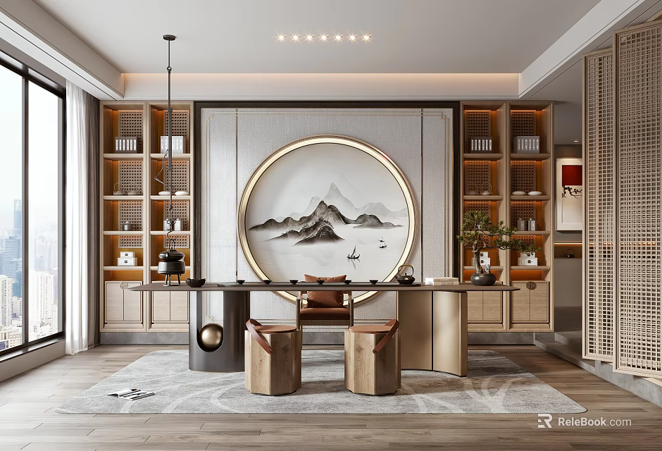 Traditional Chinese Tea Room Interior With Circular Landscape Painting Wooden Shelves And Natural Light 3d model 