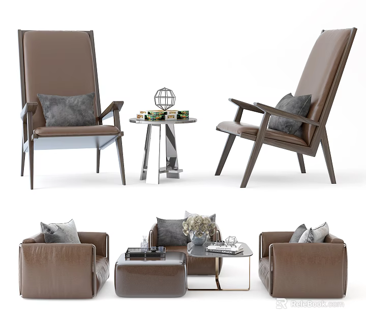 Leisure Sofa Set With Brown Leather Chairs Coffee Table And Throw Pillows 3d model