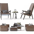 Leisure Sofa Set With Brown Leather Chairs Coffee Table And Throw Pillows 3d model