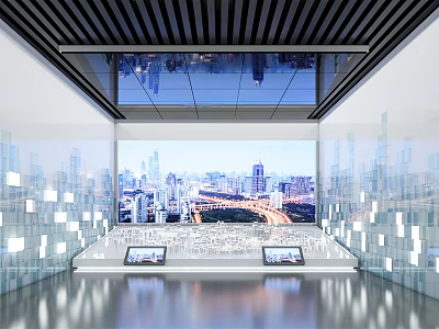 Modern Exhibition Hall Interior Design With Large LED Screen Cityscape Glass Walls And Display Counters 3d model