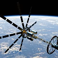 Orbital Space Structure With Solar Panels And Circular Module Above Earth 3d model