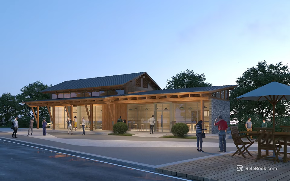 Rustic Wooden Post Station With Outdoor Seating Area People Gathering Around Trees And Umbrella 3d model 