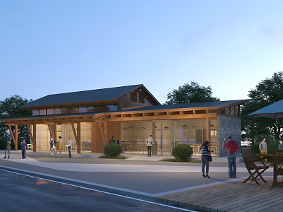Rustic Wooden Post Station With Outdoor Seating Area People Gathering Around Trees And Umbrella 3d model