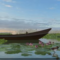 Scenic Water Landscape With Brown Boat Pink Lotus Flowers Lily Pads Birds And Blue Sky