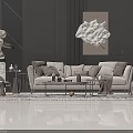Modern Sofa Coffee Table Combination With Plush Throw Pillows Abstract Wall Art And Ambient Lighting 3d model