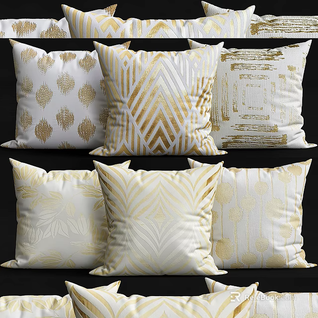 Modern Gold And White Throw Pillows With Geometric Leaf And Abstract Motifs 3d model 