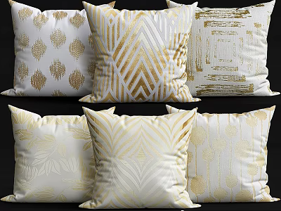 Modern Gold And White Throw Pillows With Geometric Leaf And Abstract Motifs 3d model