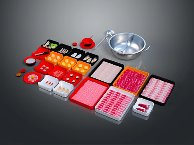 Colorful Assorted Food Ingredients Arranged in Trays with Metal Cooking Pot 3d model