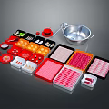 Colorful Assorted Food Ingredients Arranged in Trays with Metal Cooking Pot
