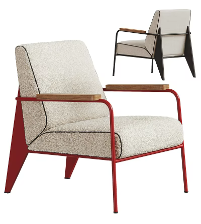 Stylish Accent Chair With Beige Fabric Red Metal Frame And Wooden Armrests 3d model