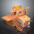Miniature House 3D Model With Orange Roof Wooden Stairs Striped Awning And Chimney