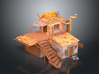 Miniature House 3D Model With Orange Roof Wooden Stairs Striped Awning And Chimney 3d model