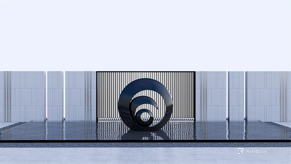 Modern Scenic Wall With Vertical Striped Background And Black Spiral Sculpture Water Reflection 3d model 