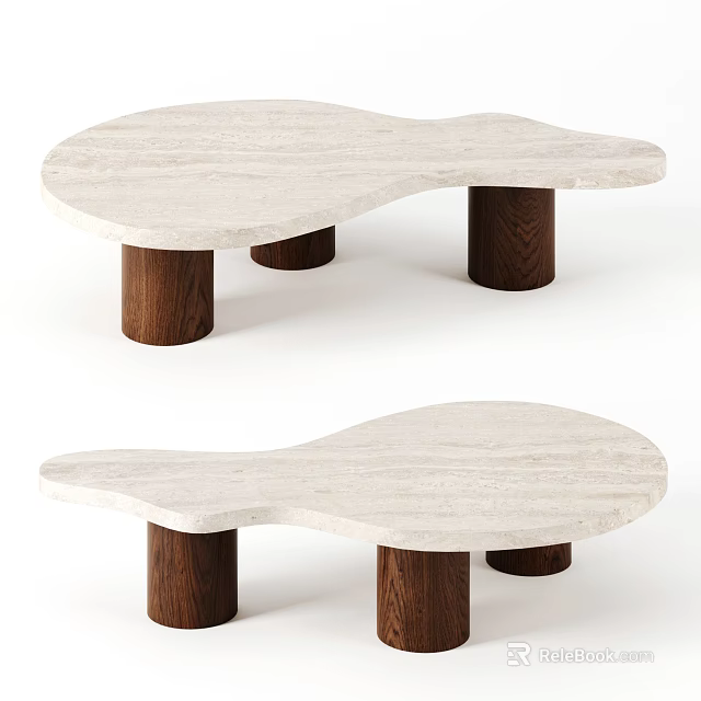 Stylish Irregular Shaped Coffee Table With Light Marble Top And Wooden Cylindrical Legs 3d model 