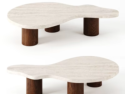 Stylish Irregular Shaped Coffee Table With Light Marble Top And Wooden Cylindrical Legs 3d model