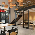 Modern Restaurant Interior Design With Wooden Pendant Lights Comfortable Tables And Open Space