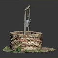 Traditional Brick Well Structure With Wooden Frame Hanging Water Bucket And Green Plants