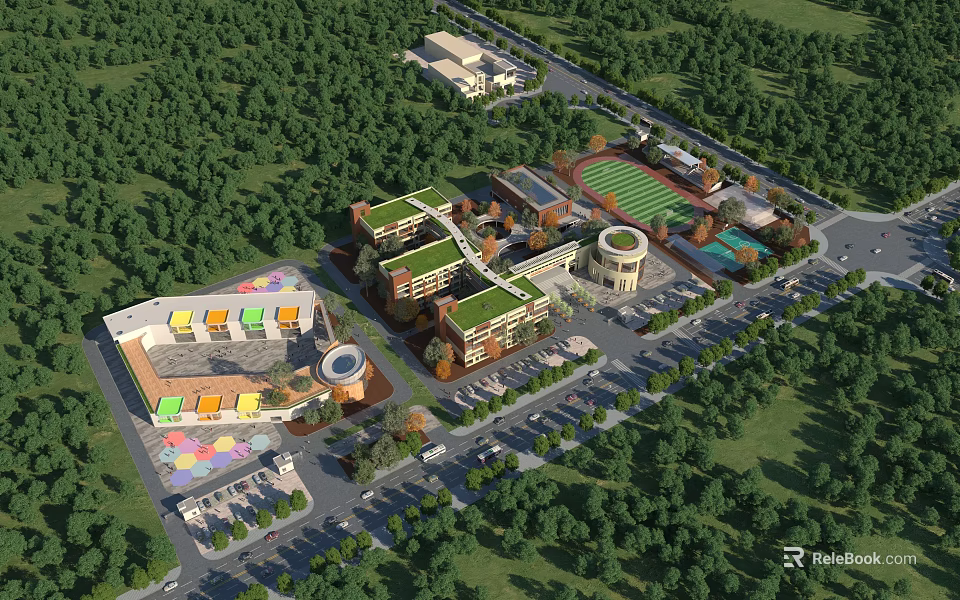 Aerial View Of Modern School Buildings With Green Campus Playground And Parking Lot 3d model 