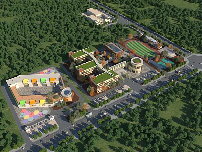Aerial View Of Modern School Buildings With Green Campus Playground And Parking Lot 3d model