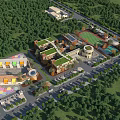 Aerial View Of Modern School Buildings With Green Campus Playground And Parking Lot