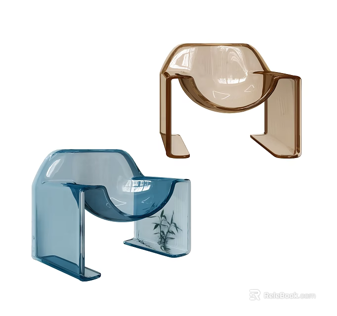 Modern Minimalist Leisure Chair with Transparent Acrylic Blue Brown Curved Backrest and Armrest 3d model 
