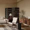 Living Room Interior With Beige Sofa Wooden Floor Black White Striped Rug And Pendant Light