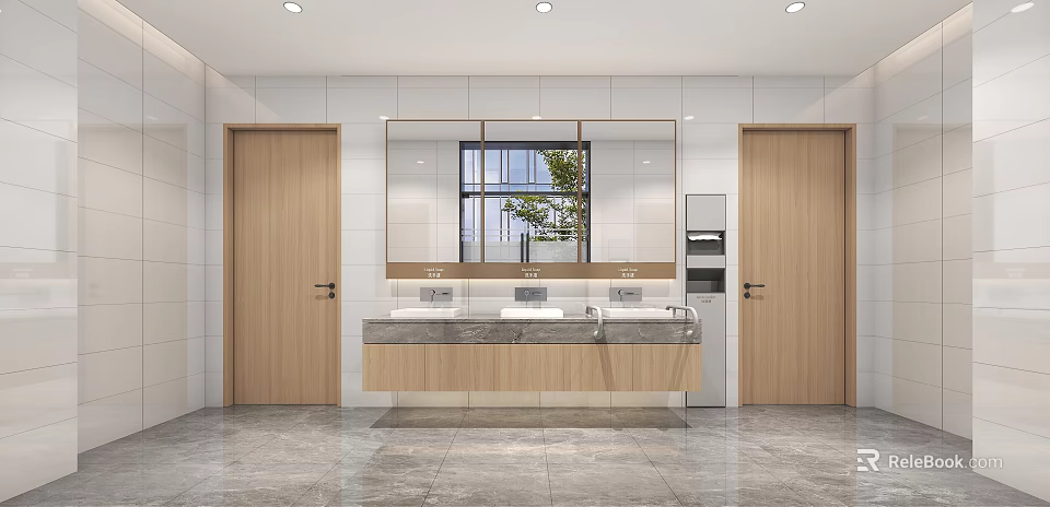 Modern Public Restroom Interior With Wooden Doors Marble Countertop Sink Large Mirror Window And Plant 3d model 