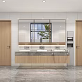 Modern Public Restroom Interior With Wooden Doors Marble Countertop Sink Large Mirror Window And Plant