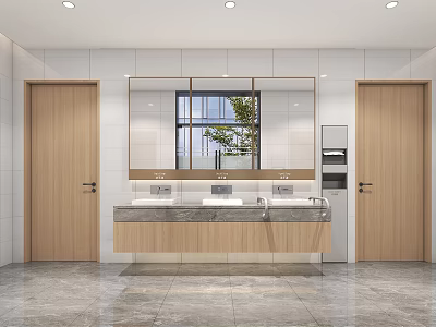 Modern Public Restroom Interior With Wooden Doors Marble Countertop Sink Large Mirror Window And Plant 3d model