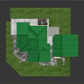 Cartoon Style House Scene With Green Roof Wooden Structure And Lawn Steps