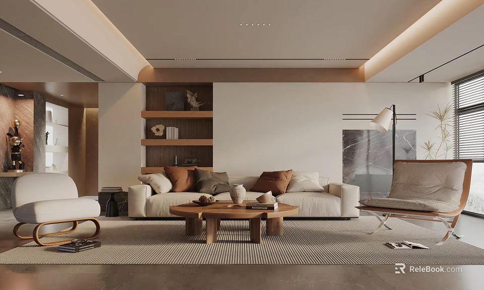 Modern Living Room Interior With Beige Sofa Throw Pillows Wooden Bookshelf And Floor Lamp 3d model 